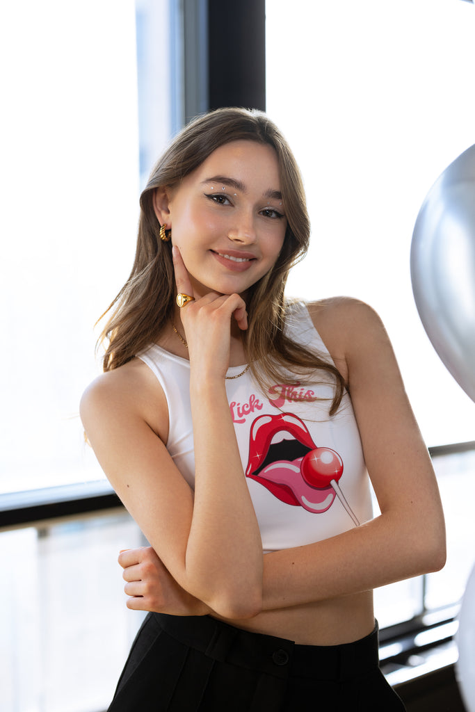 Sleeveless Crop Top Tee with Lips and Tongue Lick This Lollipop Funny Design Feminist Statement by Not Your Sub (White)