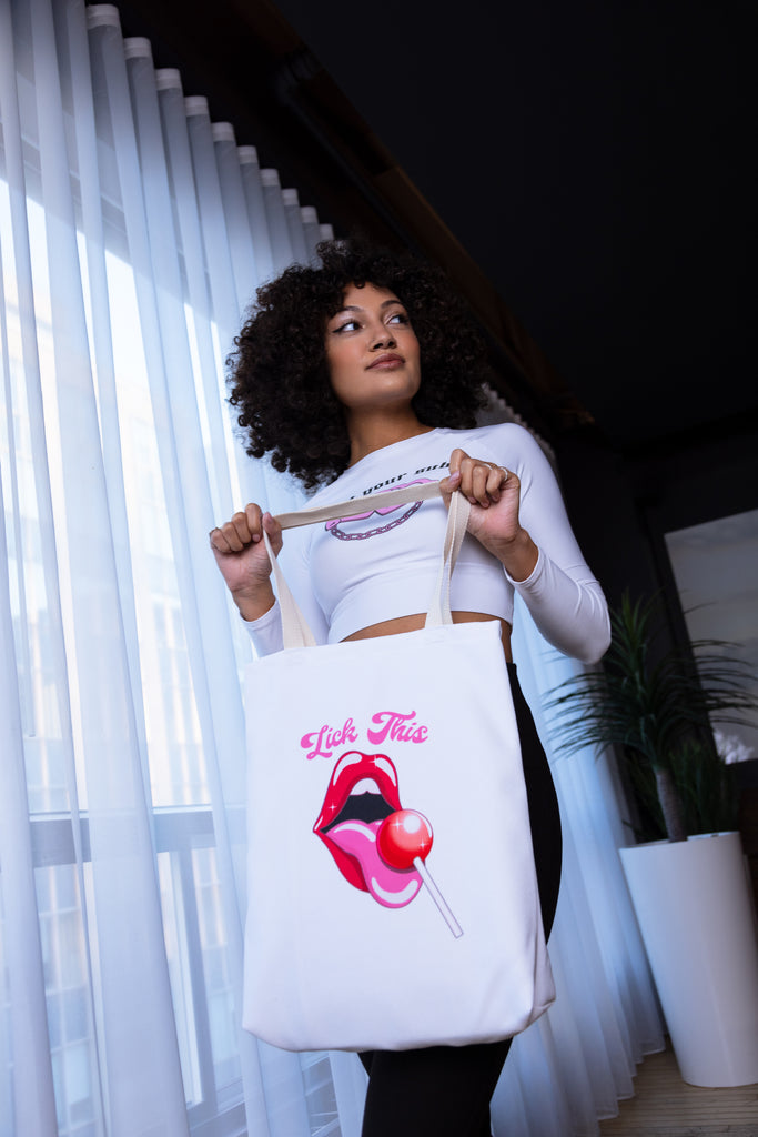 Tote Bag with Lips and Tongue Lick This Lollipop Funny Design Feminist Statement by Not Your Sub (White)