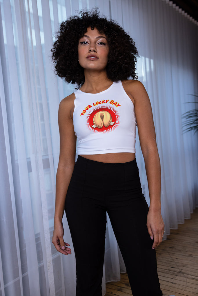 Sleeveless Graphic Crop Top with Fortune Cookie Your Lucky Day Funny Feminist Statement by Not Your Sub (White)