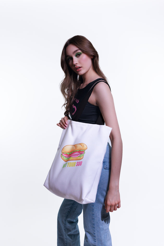 Tote Bag with Sub Sandwich Labia Funny Design Feminist Statement by Not Your Sub (White)