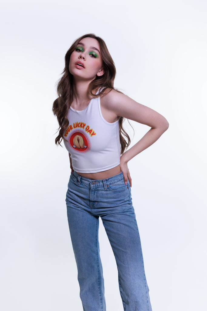 Sleeveless Graphic Crop Top with Fortune Cookie Your Lucky Day Funny Feminist Statement by Not Your Sub (White)