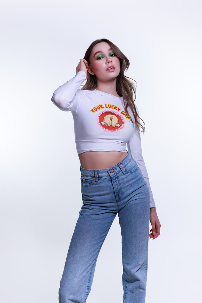 Long Sleeve Graphic Crop Top with Fortune Cookie Your Lucky Day Funny Feminist Statement by Not Your Sub (White)