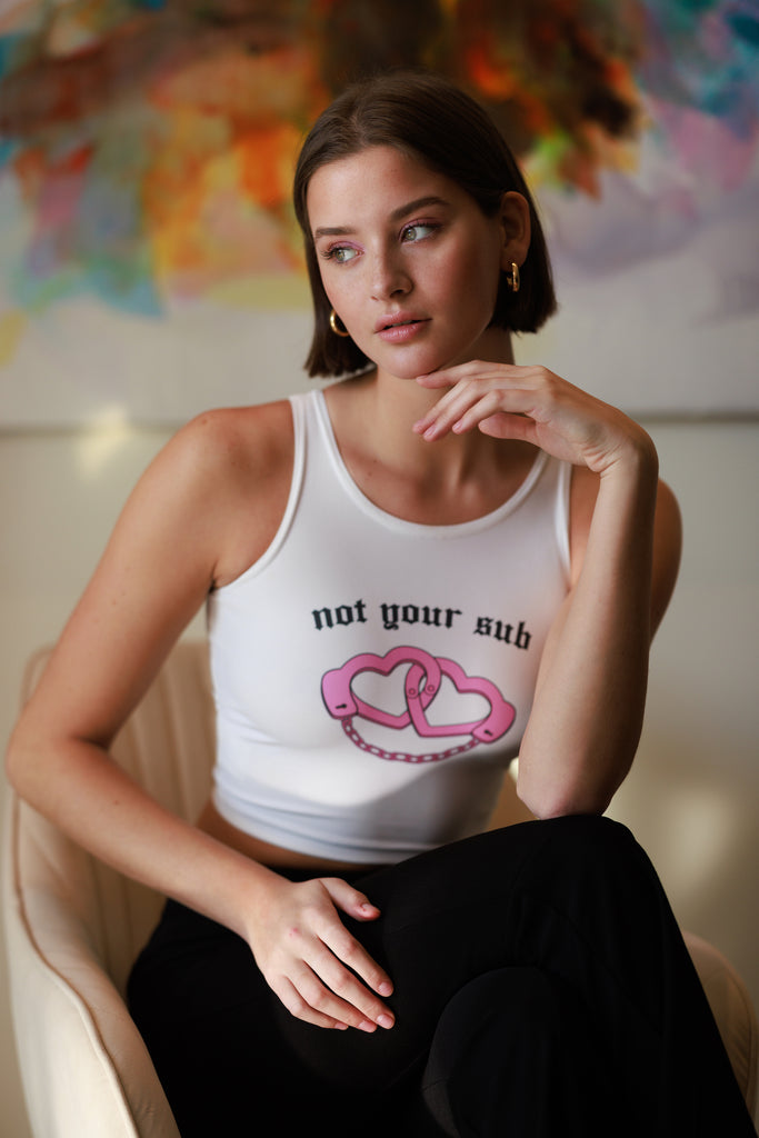 Sleeveless Graphic Crop Top with pink hearts and cuffs Feminist Statement Heartcuffs by Not Your Sub (White)