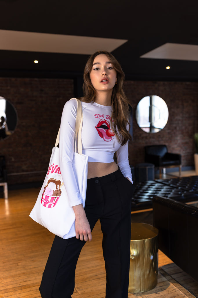 Long Sleeve Crop Top Tee with Lips and Tongue Lick This Lollipop Funny Design Feminist Statement by Not Your Sub (White)