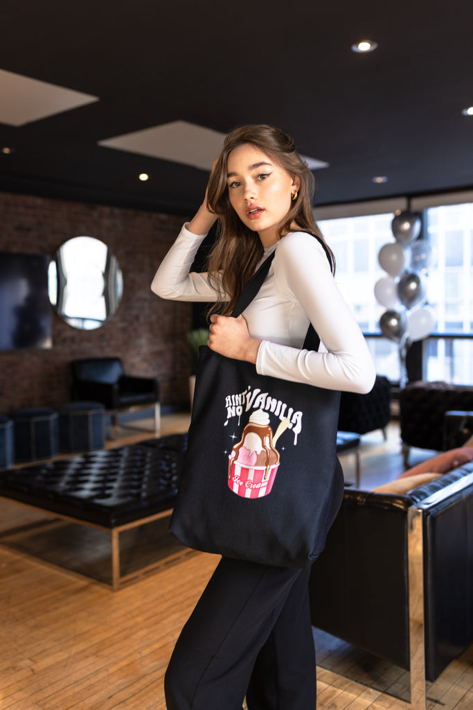Tote Bag with Ice Cream Design Ain't No Vanilla Funny Feminist Statement by Not Your Sub (Black)