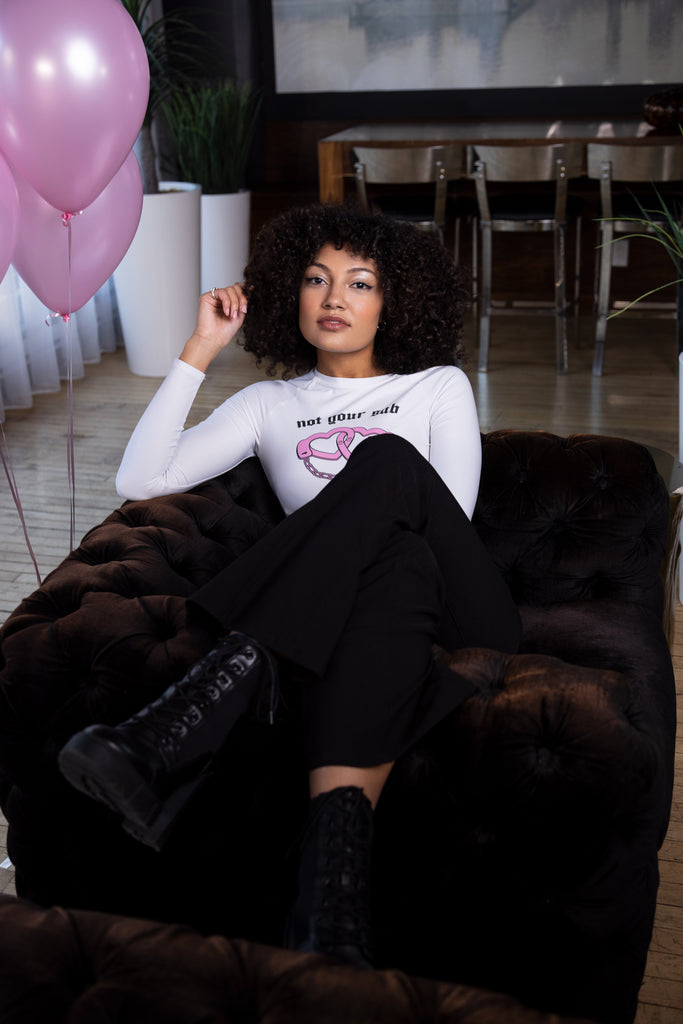Long Sleeve Graphic Crop Top with pink hearts and cuffs Feminist Statement by Not Your Sub (White)