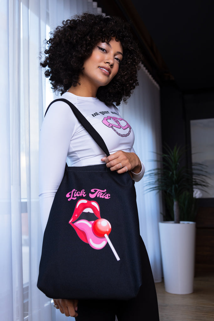 Tote Bag with Lips and Tongue Lick This Lollipop Funny Design Feminist Statement by Not Your Sub (Black)