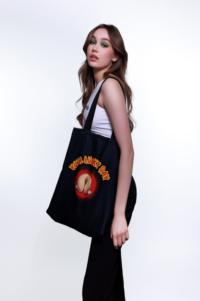 Tote Bag with Fortune Cookie Your Lucky Day Funny Feminist Statement by Not Your Sub (Black or White)