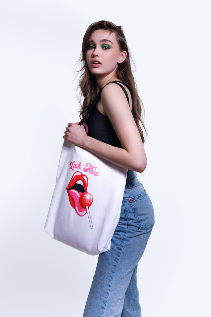 Tote Bag with Lips and Tongue Lick This Lollipop Funny Design Feminist Statement by Not Your Sub (White)