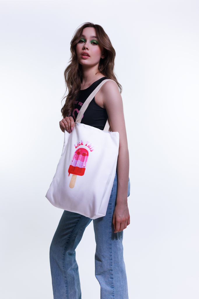 Tote Bag with Lick This Icy Pole Funny Design Feminist Statement by Not Your Sub (Black or White)