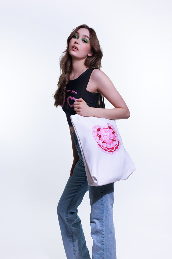 Tote Bag with Pink Cake and Cherries Eat Your Cake Funny Design Feminist Statement by Not Your Sub (White)