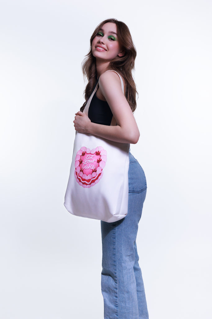 Tote Bag with Pink Cake and Cherries Eat Your Cake Funny Design Feminist Statement by Not Your Sub (White)