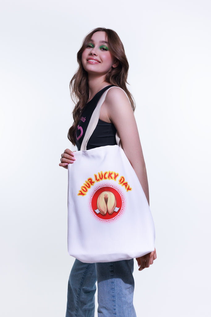 Tote Bag with Fortune Cookie Your Lucky Day Funny Feminist Statement by Not Your Sub (Black or White)