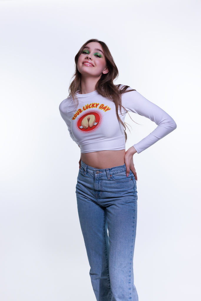 Long Sleeve Graphic Crop Top with Fortune Cookie Your Lucky Day Funny Feminist Statement by Not Your Sub (White)
