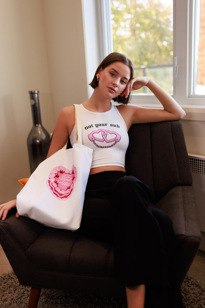 Sleeveless Graphic Crop Top with pink hearts and cuffs Feminist Statement Heartcuffs by Not Your Sub (White)