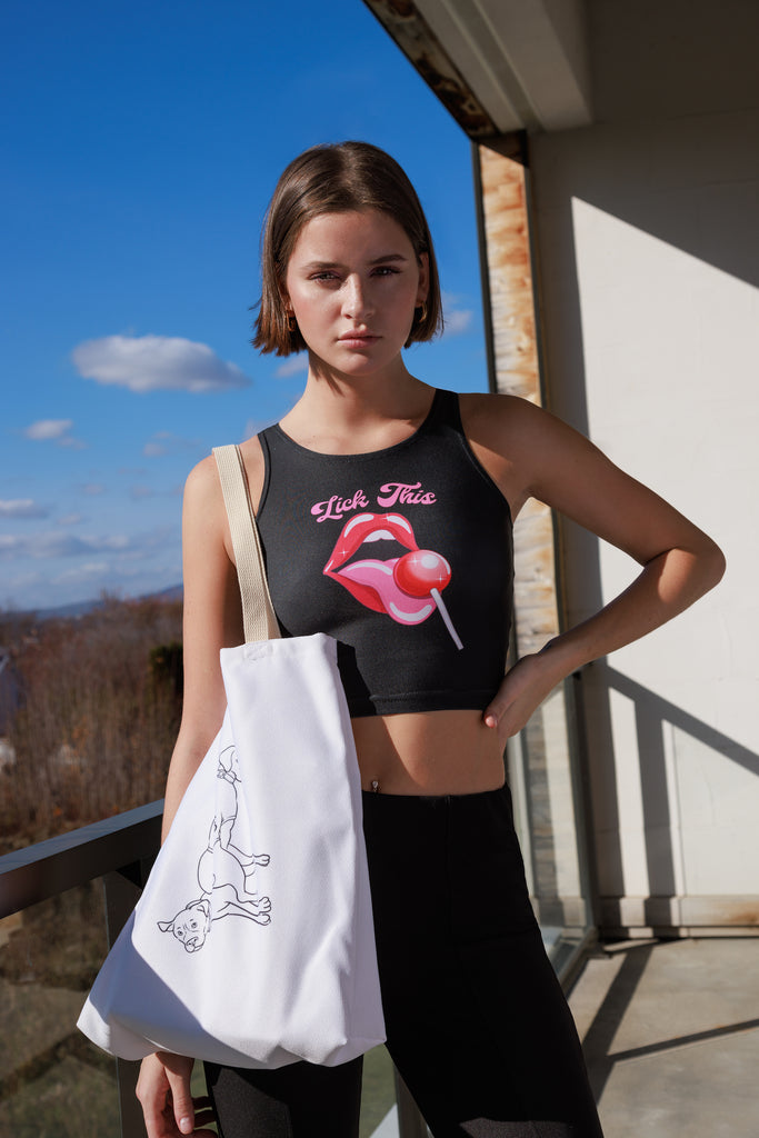 Sleeveless Crop Top Tee with Lips and Tongue Lick This Lollipop Funny Design Feminist Statement by Not Your Sub (Black)