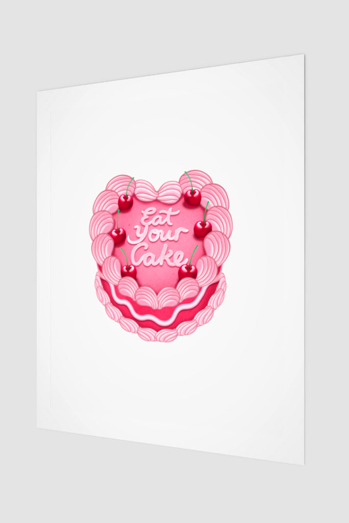 Feminist Art Print with Pink Cake and Cherries Eat Your Cake Funny Design Statement Wall Art by Not Your Sub